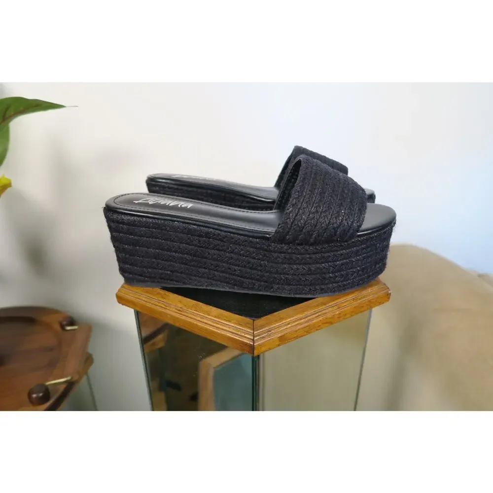 Liliana Black Braided Raffia-Look Platform Slides